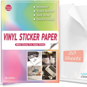 Sticker Paper for Printing, A4, Glossy White, 20 Sheets, Waterproof Vinyl Sticker for Inkjet Printers and Laser Printers, Inkjet Labels, Paper, Self-Adhesive, Thin and Dries Quickly
