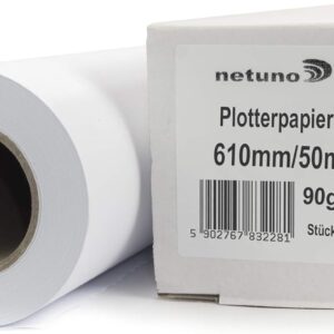 Netuno 1 Roll of Inkjet Plotter Paper 90 g 610 mm x 50 m 50 mm 2 Inch Core White Matt Uncoated High Quality Paper Roll for CAD Printouts Construction Plans Drawings Posters Large Format Printers