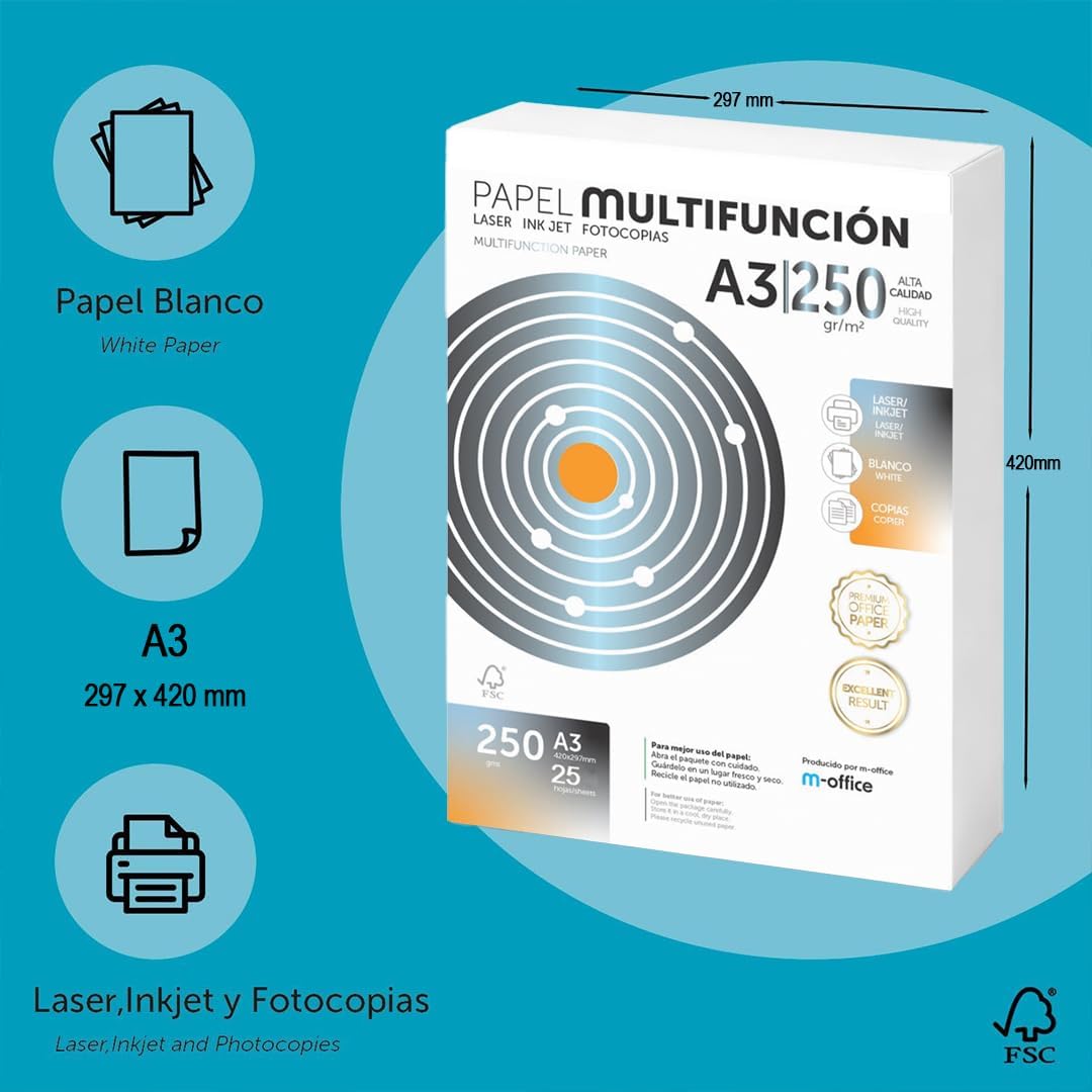 A3 Papier 250g 50 Blatt, Multifunktionspapier für Laser- und Tintenstrahldrucker, Kopierer, für Büro- und Schulbedarf, m-office Paket (50 Blatt 250g) – Bild 2
