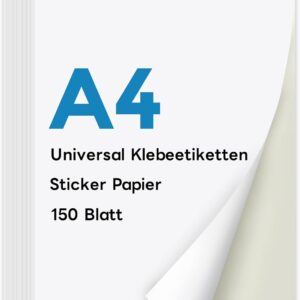 KTRIO A4 Sticker Paper for Printing, 150 Sheets, Sticker Paper for Self-Adhesive Label Paper, Super Self-Adhesive, Print Your Own, Stickers for Laser and Inkjet Printers