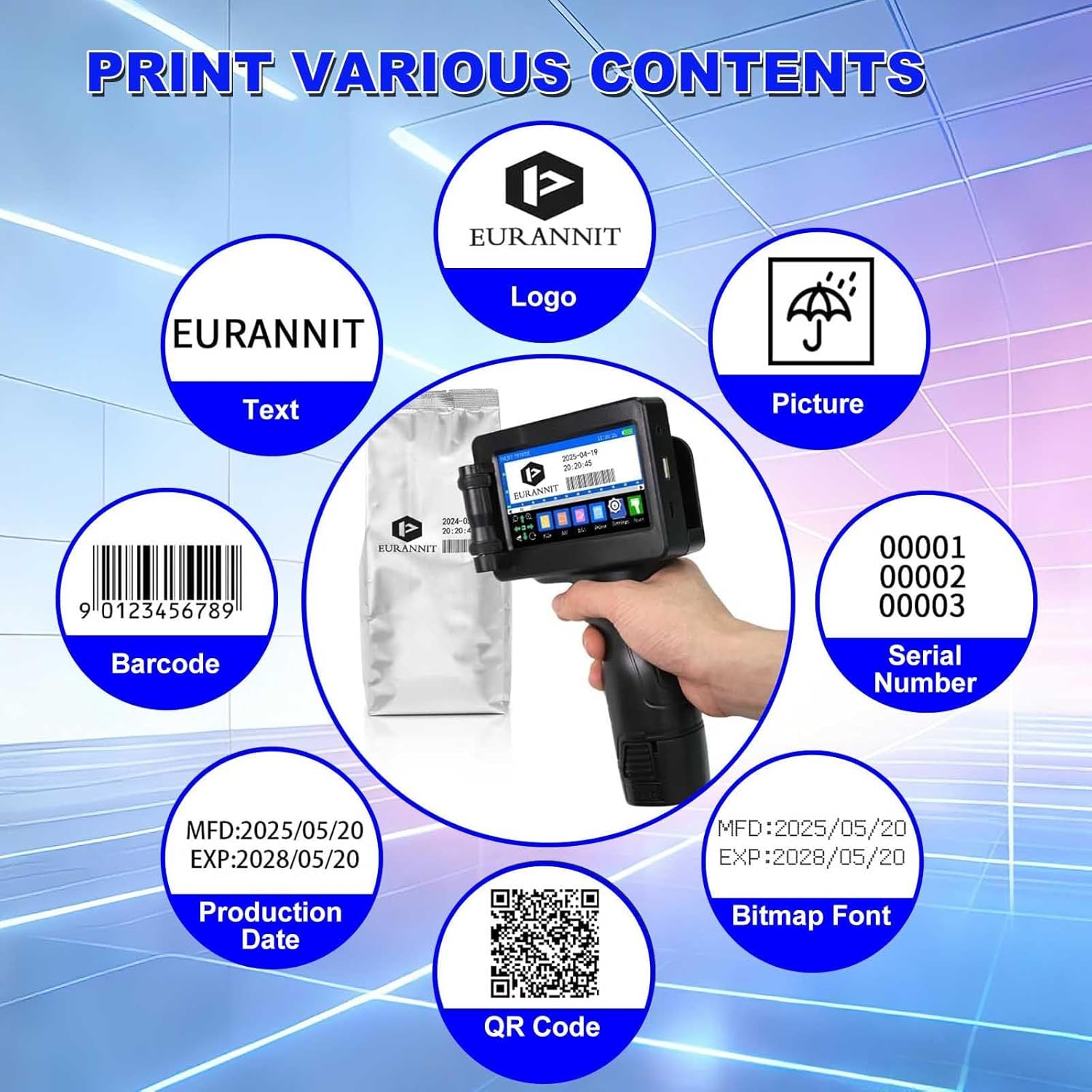 Handheld-Tintenstrahldrucker - Tragbarer Handheld-Drucker Mit 4,3-Zoll-Touchscreen, Druckhöhe: 2-12,7 Mm, Geeignet Für Barcodes, Text, Logos, Qr-Codes, Chargennummern (Unterstützt 28 Sprachen). – Bild 7