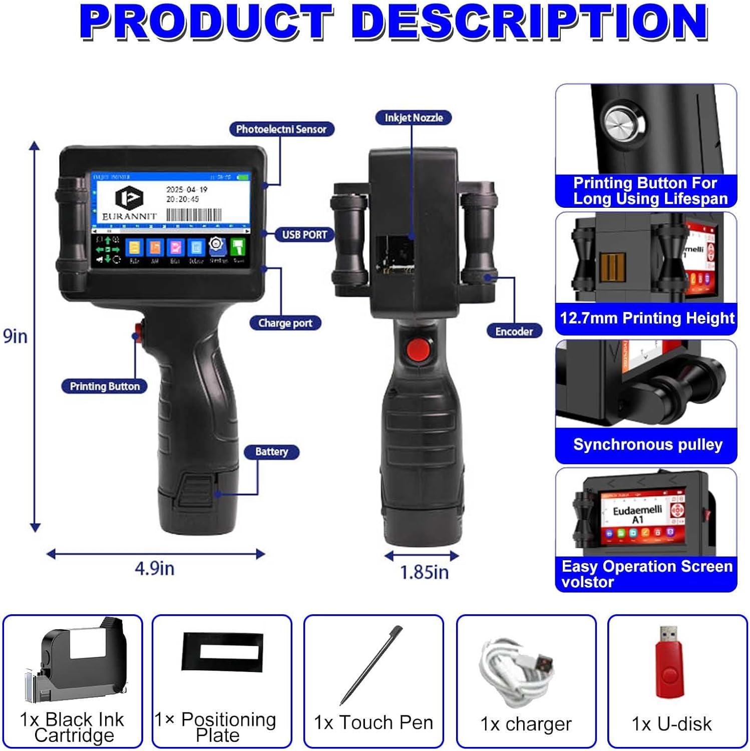 Handheld-Tintenstrahldrucker - Tragbarer Handheld-Drucker Mit 4,3-Zoll-Touchscreen, Druckhöhe: 2-12,7 Mm, Geeignet Für Barcodes, Text, Logos, Qr-Codes, Chargennummern (Unterstützt 28 Sprachen). – Bild 5