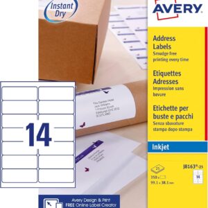 Avery Self Adhesive Address Mailing Labels, Inkjet Printers, 14 Labels per A4 Sheet, 350 labels, QuickDRY (J8163) White