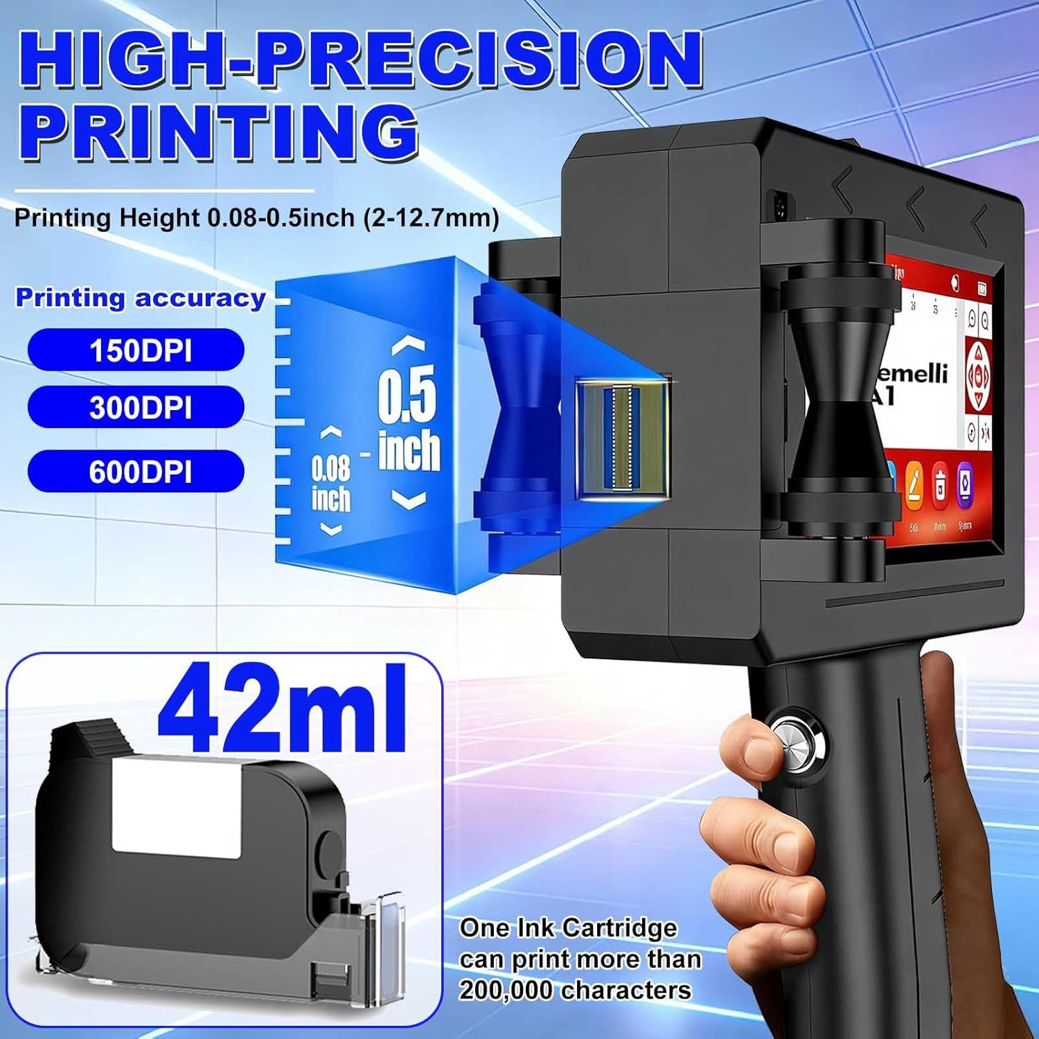 Handheld-Tintenstrahldrucker - Tragbarer Handheld-Drucker Mit 4,3-Zoll-Touchscreen, Druckhöhe: 2-12,7 Mm, Geeignet Für Barcodes, Text, Logos, Qr-Codes, Chargennummern (Unterstützt 28 Sprachen). – Bild 3