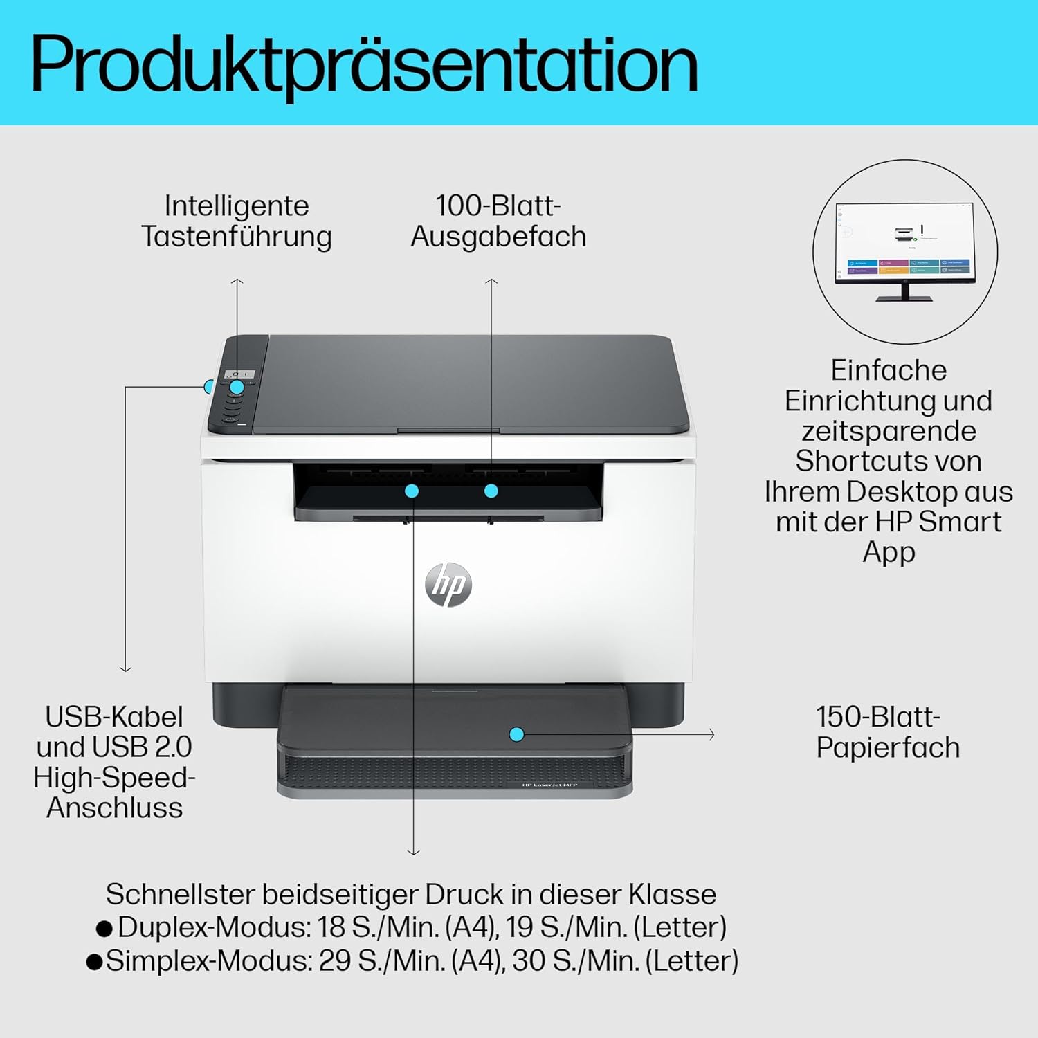 HP LaserJet MFP M234d Multifunction Laser Printer, Black and White, Print, Copy, Scan, Automatic, Double-Sided Printing, USB, Smart App, Intelligent User Interface – Bild 3