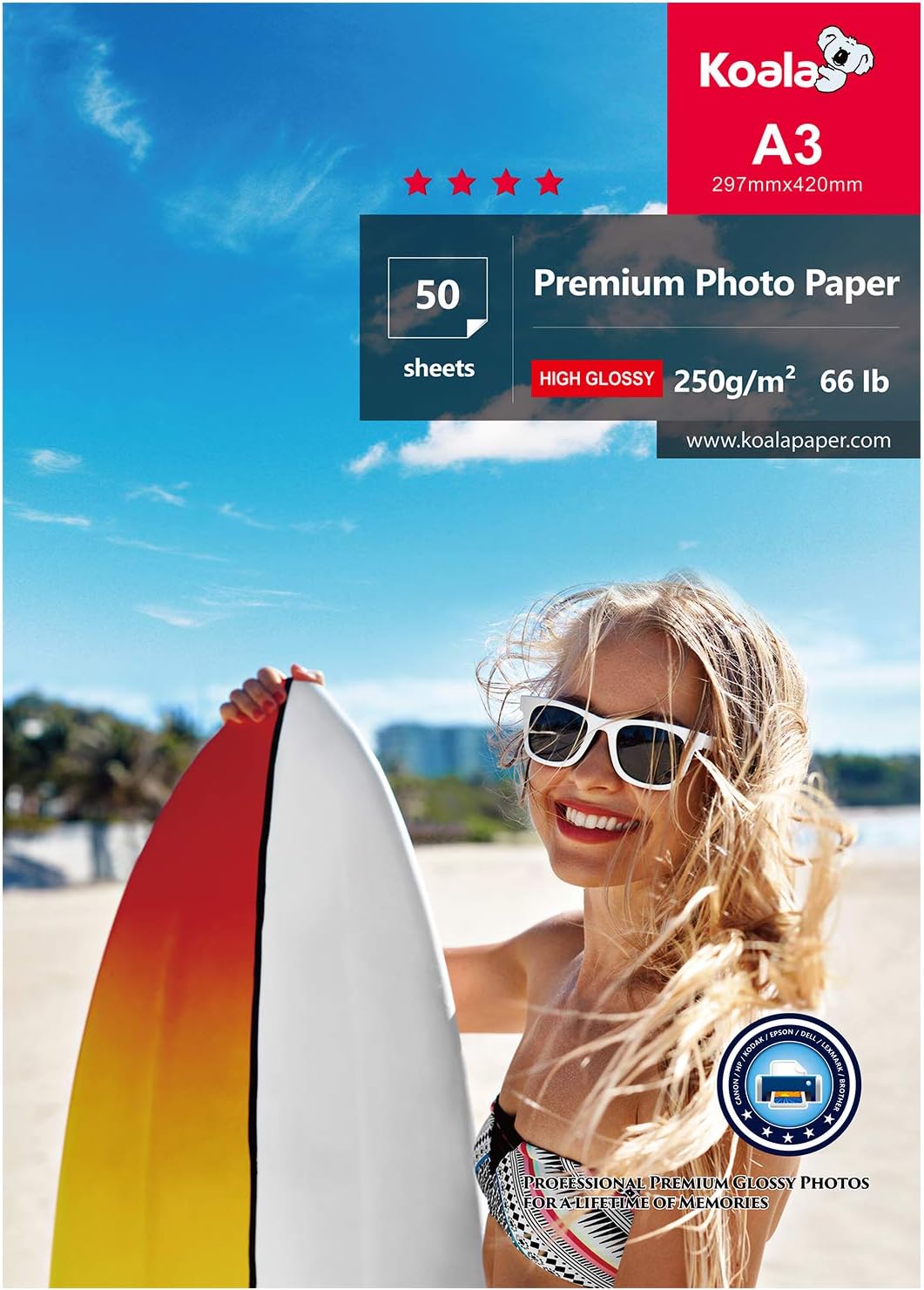 Koala 50 Sheets A3 Glossy Photo Paper for Canon HP Epson Inkjet Printers 297x420mm 250gsm