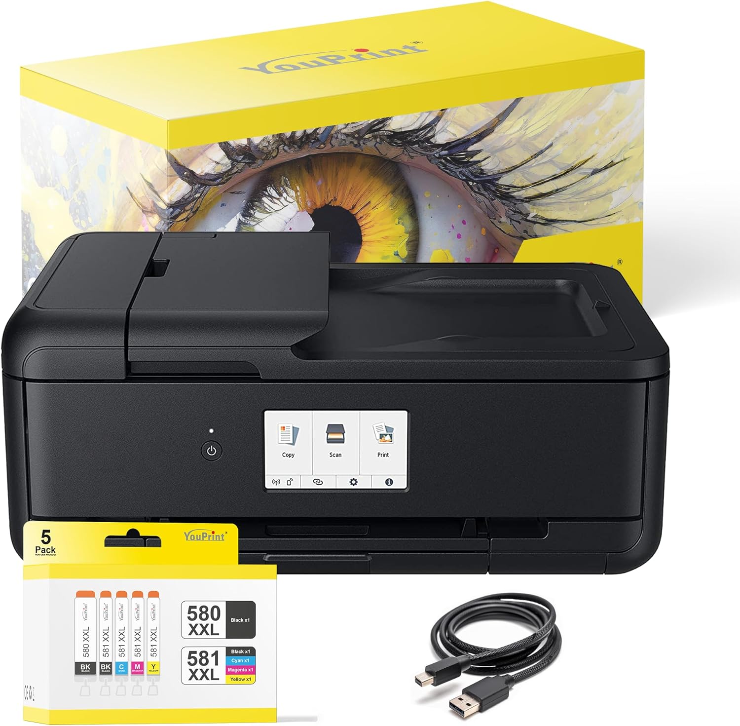 YouPrint Bundle TS9550a Inkjet Printer Multifunctional Printer (A3 Printer, Scanner, Copier) with 5 Compatible youprint Printer Cartridges for Canon 580 581 + USB Cable