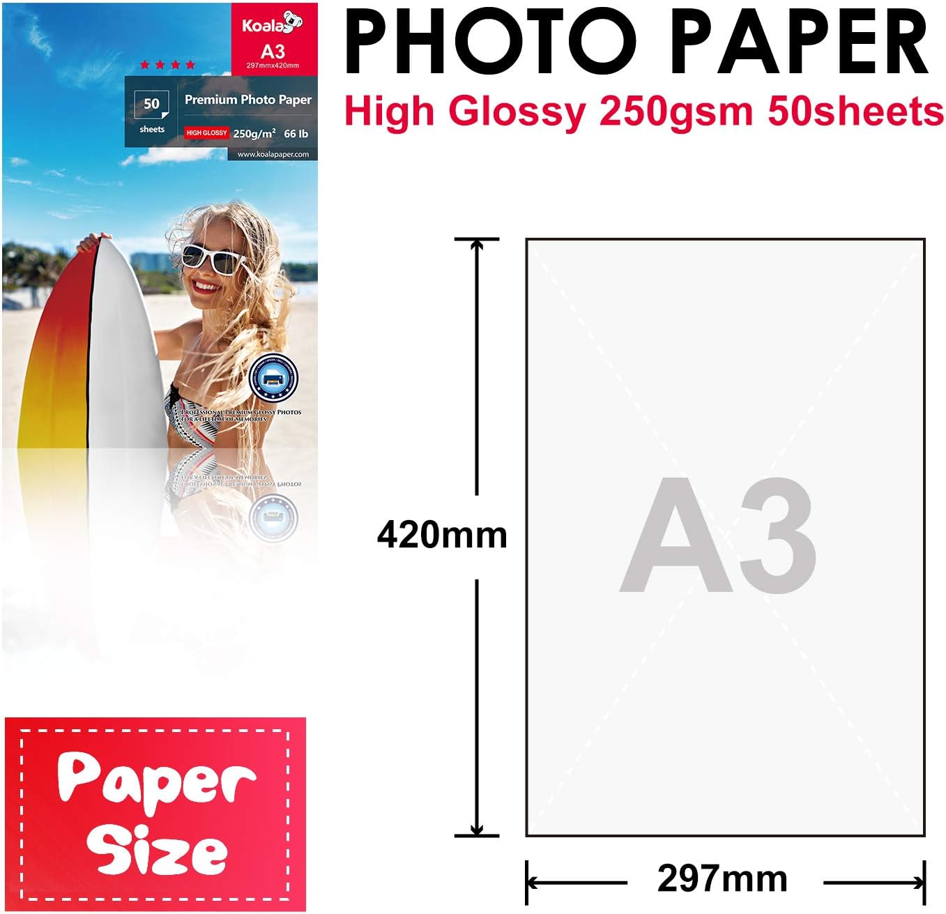 Koala 50 Sheets A3 Glossy Photo Paper for Canon HP Epson Inkjet Printers 297x420mm 250gsm – Bild 3