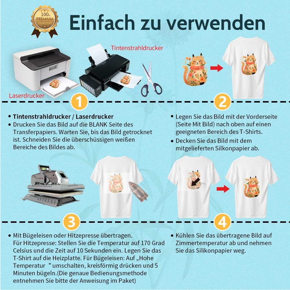 TransOurDream 40 x A4 + 4 A3 Silicone Paper, Real Inkjet / Laser Transfer Film, Textile Film for Inkjet Printers, Laser Printers, Printable Iron-On Film for Light T-Shirts, Transfer Paper – Bild 4