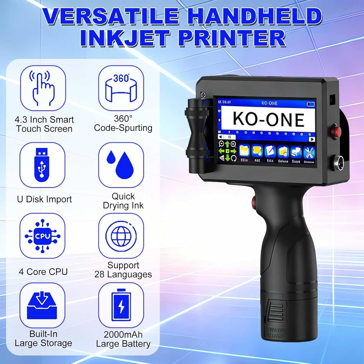 Handheld-Tintenstrahldrucker - Tragbarer Handheld-Drucker Mit 4,3-Zoll-Touchscreen, Druckhöhe: 2-12,7 Mm, Geeignet Für Barcodes, Text, Logos, Qr-Codes, Chargennummern (Unterstützt 28 Sprachen). – Bild 2