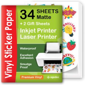 High Quality Printable Vinyl Sticker Paper – 34 Sheets – A4 – Matte – Waterproof – Laser and Inkjet Compatible Vinyl Sticker Paper – Cricut Compatible