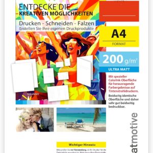 TATMOTIVE Photo Paper DIN A4 200 g Matt White | Special Inkjet Printer | Printable on Both Sides | 40 Sheets
