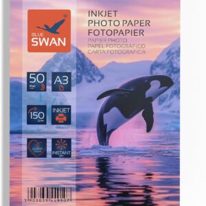 BLUE SWAN A3 Photo Paper 150gsm 50 Sheets – High Gloss Splash-Resistant Single Sided Coating Fast Drying Brilliant Colours for Canon HP Epson Brother Inkjet Printers