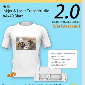 TransOurDream 40 x A4 + 4 A3 Silicone Paper, Real Inkjet / Laser Transfer Film, Textile Film for Inkjet Printers, Laser Printers, Printable Iron-On Film for Light T-Shirts, Transfer Paper