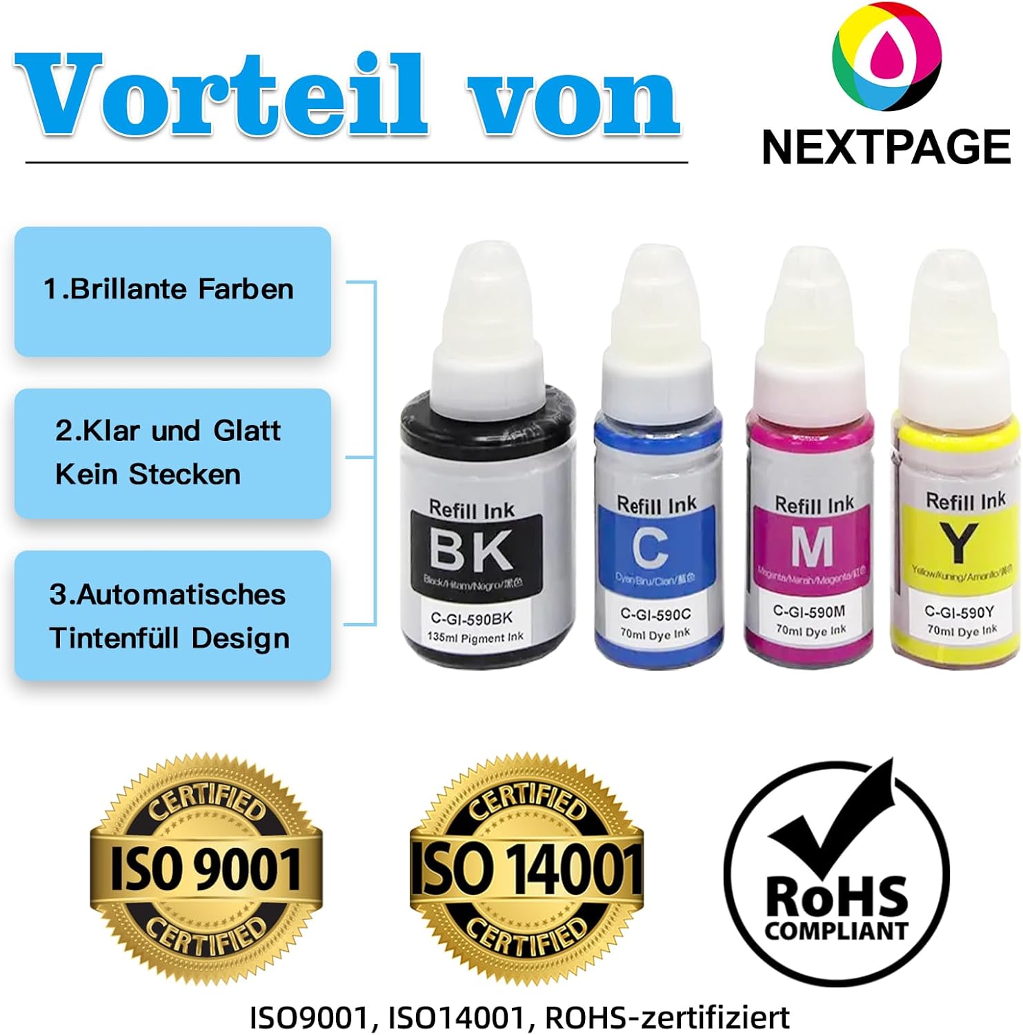 Nextpage GI-590 GI590 Ink Compatible with Canon GI-590 for Canon PIXMA G1500 G1501 G1510 G2500 G2501 G2510 G3500 G3501 G3510 G4500 G4510 G44 511 (4 Packs, Black, Cyan, Magenta, Yellow) – Bild 4