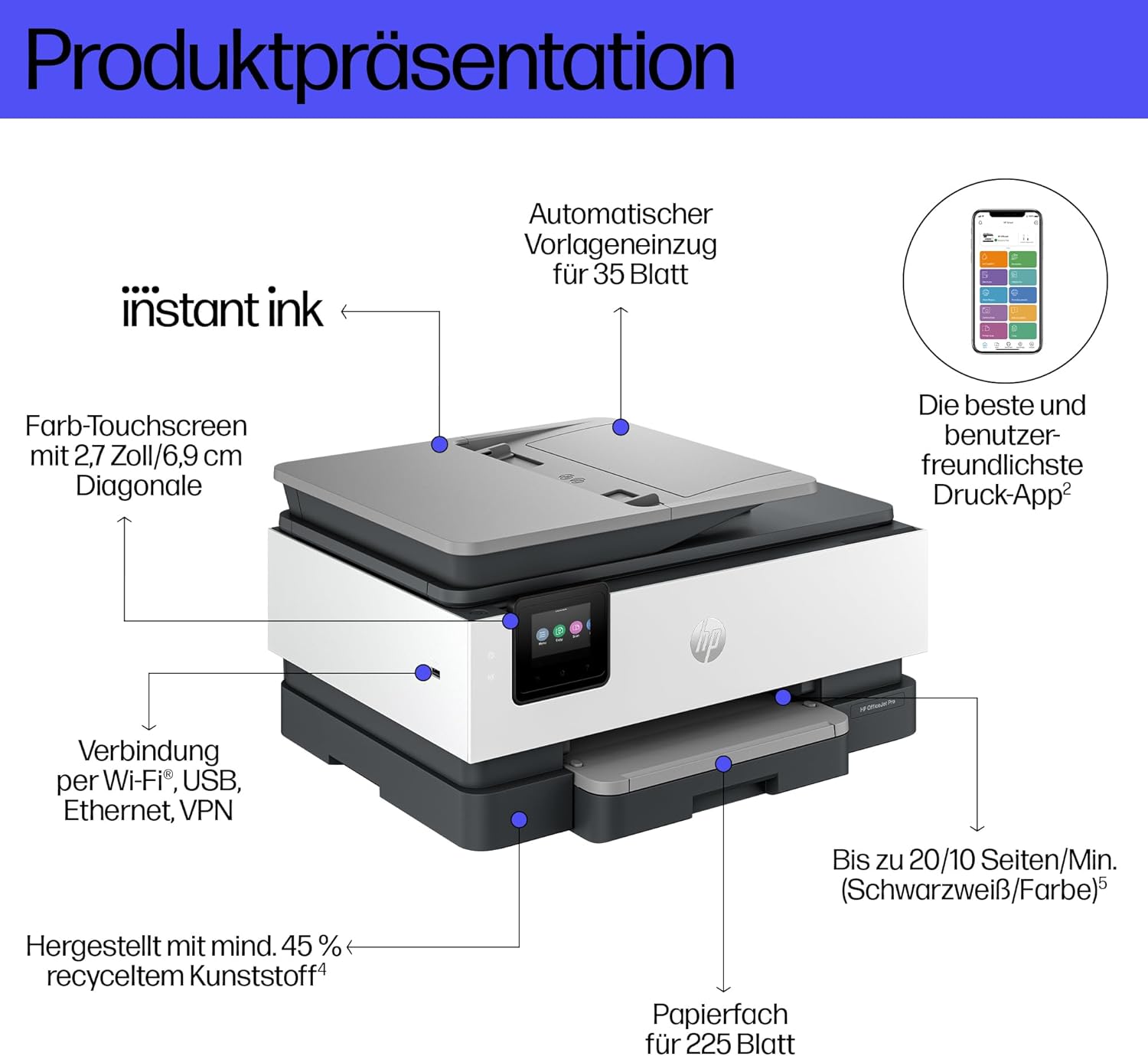 HP OfficeJet Pro 8132e Multifunction Printer, 3 Months Free Printing with HP Instant Ink Included, HP+, Printer, Scanner, Copier, Fax, WiFi, LAN, Duplex, HP ePrint, Airprint, Basalt – Bild 3