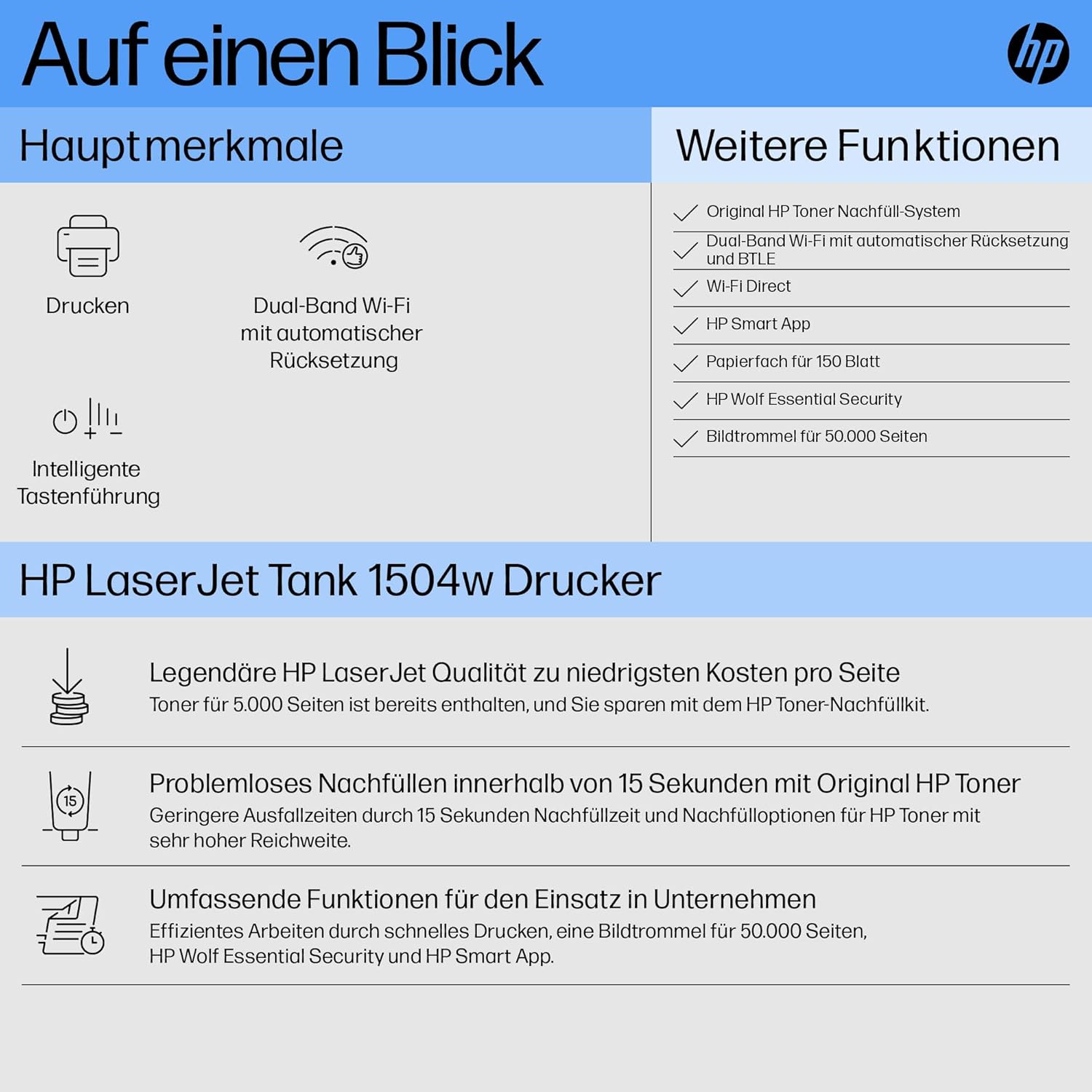 HP LaserJet Tank 1504w Laser Printer with Dual Band Wi-Fi, Bluetooth LE, Smart App, Includes Original Toner for up to 5000 Pages, 22 ppm, Print on Both Sides, Energy-saving, White – Bild 2