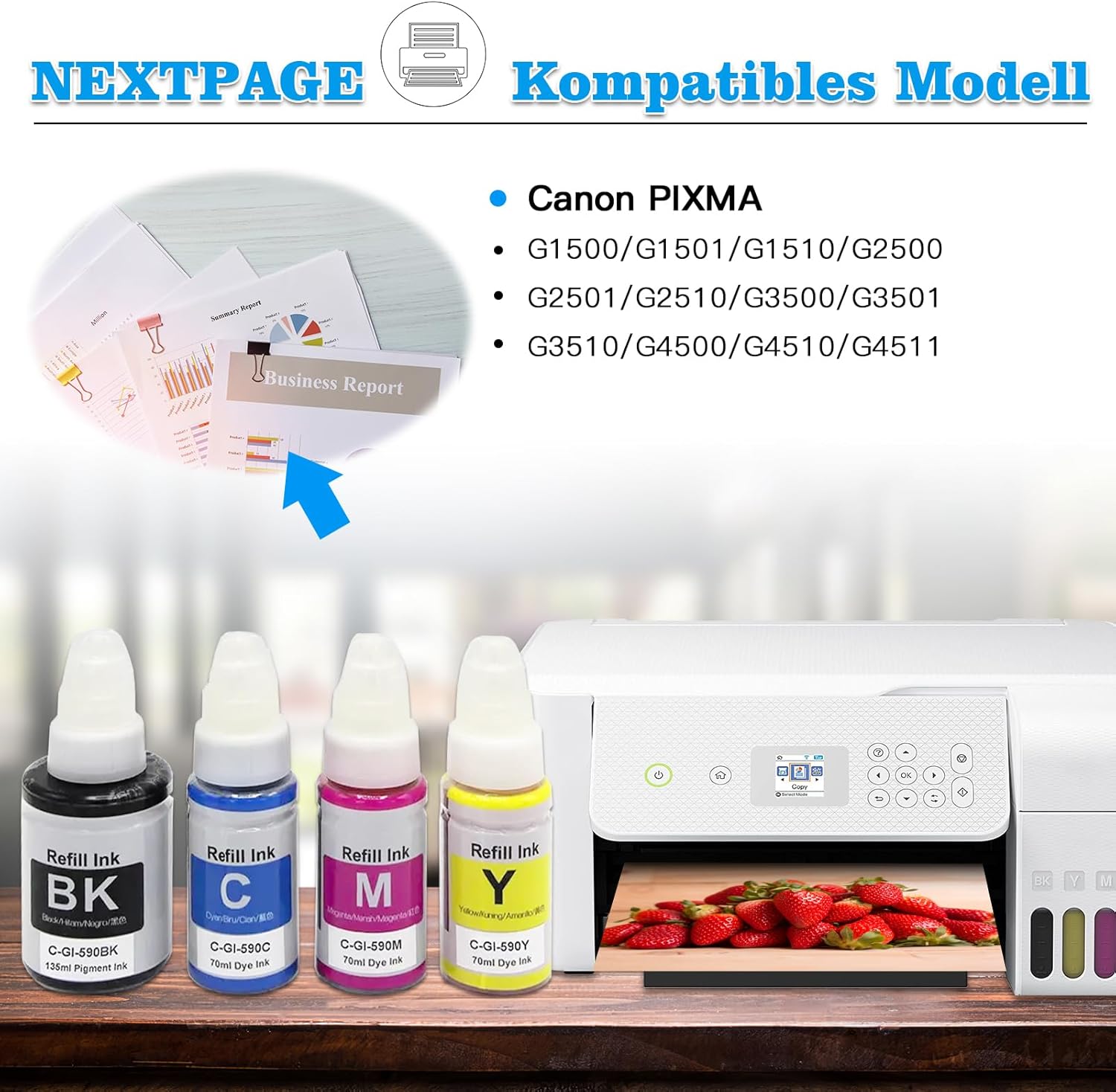 Nextpage GI-590 GI590 Ink Compatible with Canon GI-590 for Canon PIXMA G1500 G1501 G1510 G2500 G2501 G2510 G3500 G3501 G3510 G4500 G4510 G44 511 (4 Packs, Black, Cyan, Magenta, Yellow) – Bild 2