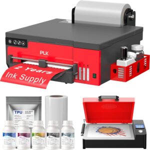 PLK DTF A4 Printer with XP600 Print Head, Sheet and Roll Feeder, Integrated Foil Cutter, DTF L8058 Printer Machine with White Ink Stirring System, 100% Transfer Printing for
