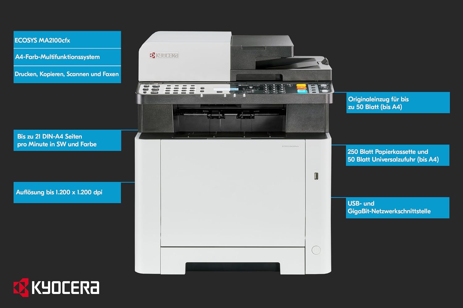 Kyocera Ecosys MA2100cfx Colour Laser Multifunction Printer Scanner Copier Fax Machine Multifunction Printer with LAN, USB 2.0 and Mobile Print Function – Bild 2