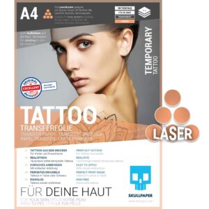 SKULLPAPER® Temporary Tattoo Transfer Film for the Skin – Very Well Tested – for Laser Printers (A4 – 4 Sheets)