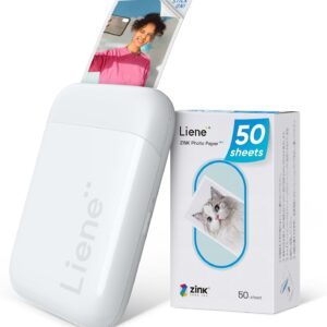 Liene Pearl K100 Mini Photo Printer for Smartphone (5 x 7.6 cm) – with 50 Sheets of Zinc Photo Paper with Adhesive Backing, 300 DPI Bluetooth Instant Printer Compatible with iOS and Android