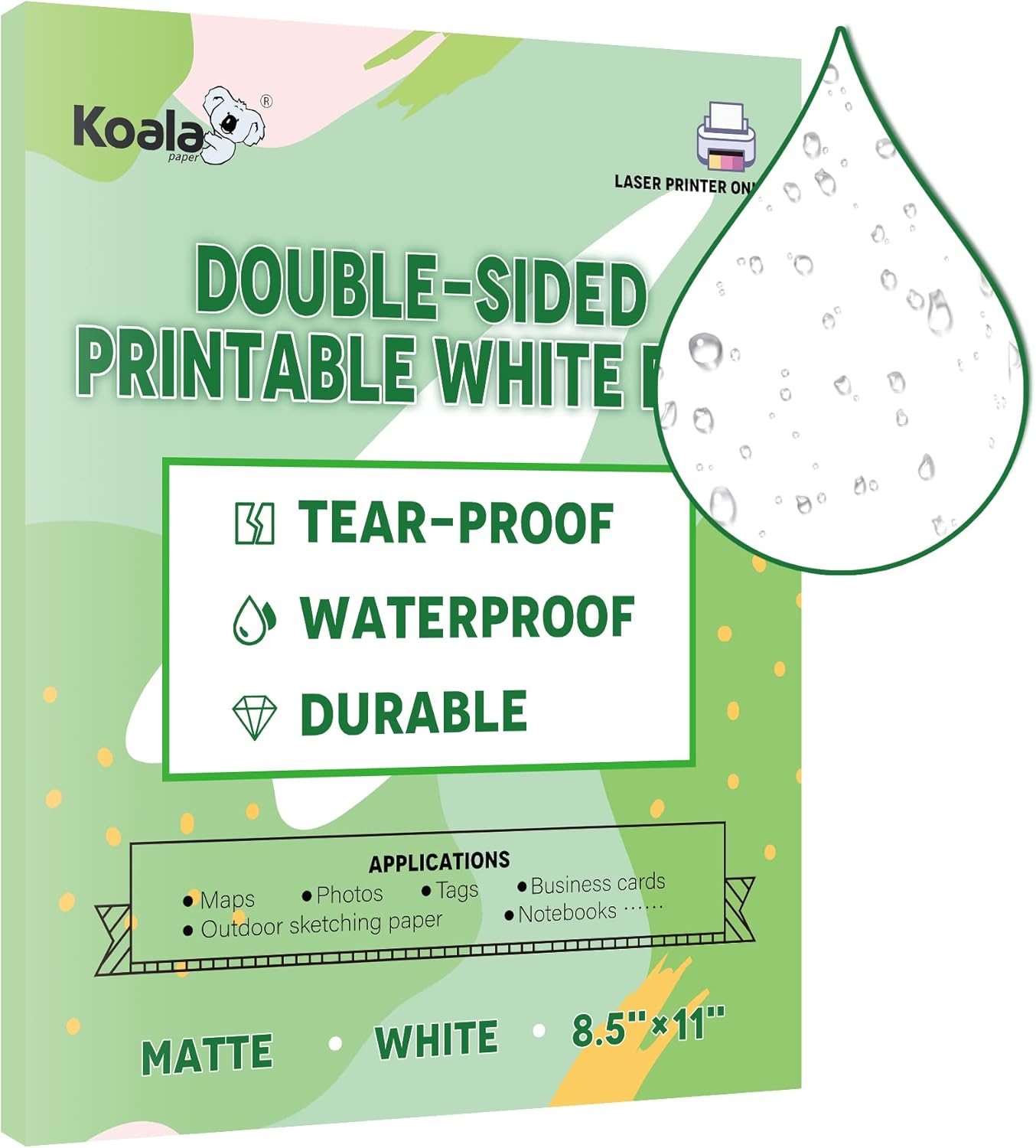 Koala Waterproof Paper for Laser Printer, Tear-Resistant Printer Paper, Matte, Double-Sided, Printable, White Film, 8.5 x 11 Inch, 25 Sheets for Printing Backpack Cards