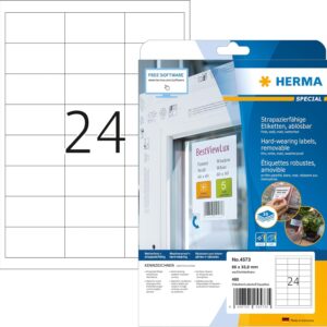 Herma cm Weatherproof Labels, Removable without Residue (66 x 33.8 mm on DIN A4 adhesive sheet – 480 Labels Matte White – PC. (Printer Gnung)