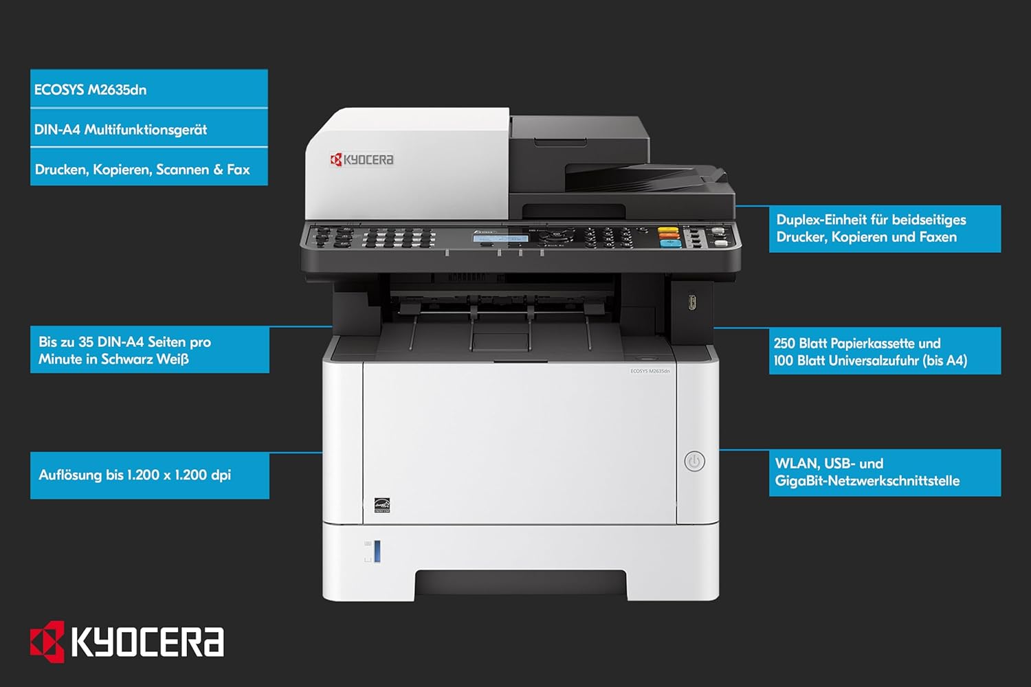 KYOCERA ECOSYS M2635dn All-in-One Black & White Mono Multifunction Laser Printer. Copy, Scan & Fax. Mobile Printing – Bild 2