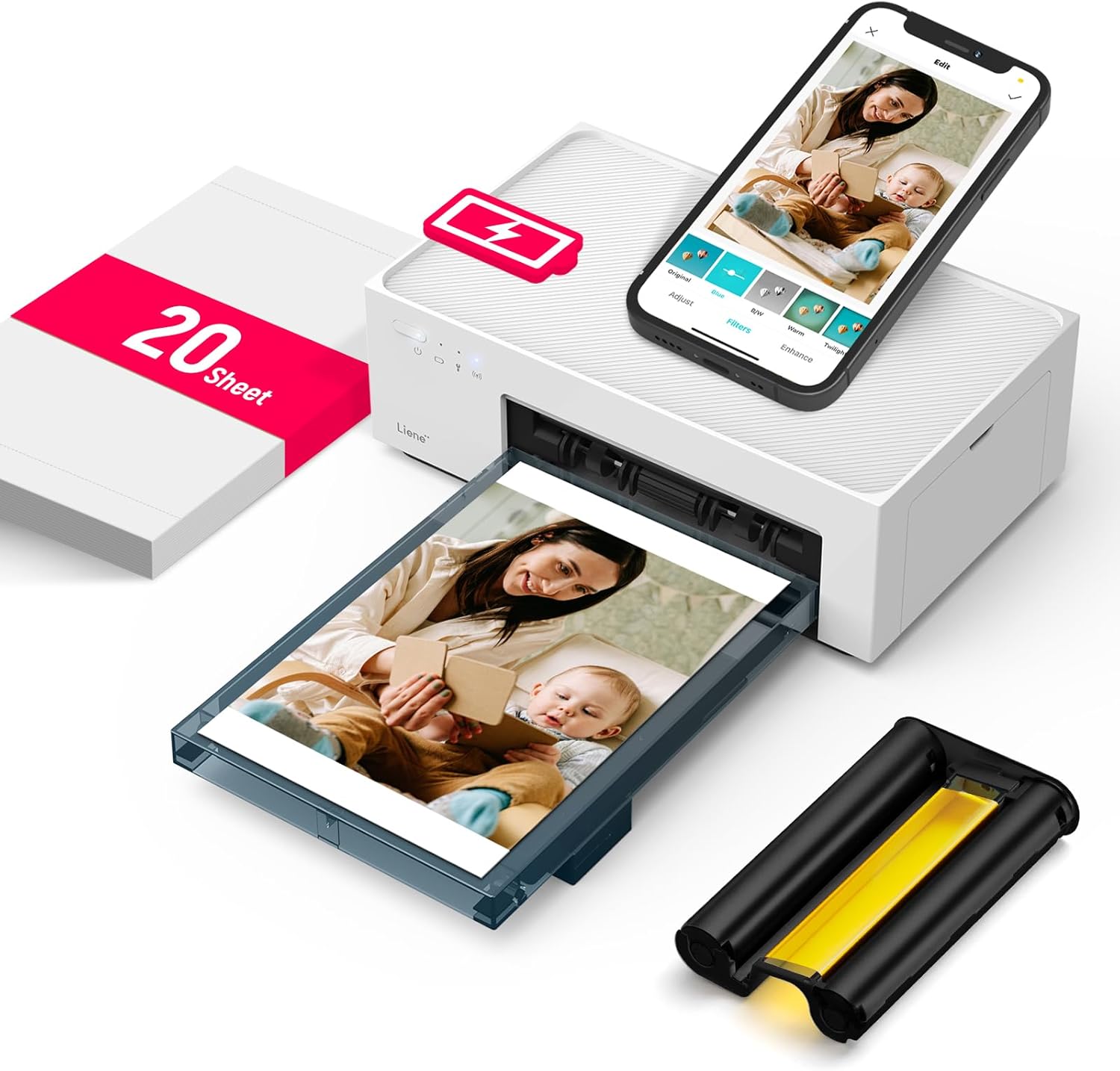 Liene Amber M200 Photo Printer Smartphone with Rechargeable Battery, WiFi, 10 x 15 cm, 20 Photo Papers and 1 Cartridge, 300 DPI Dye Sublimation Instant Image Printer, Mobile Phone Printer for Travel/Home Use