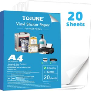Printable Vinyl Sticker Paper for Inkjet and Laser Printers, A4 21 x 29.7 cm, Waterproof, Any Cut, Self Adhesive Backing, White Smooth (Pack of 20)