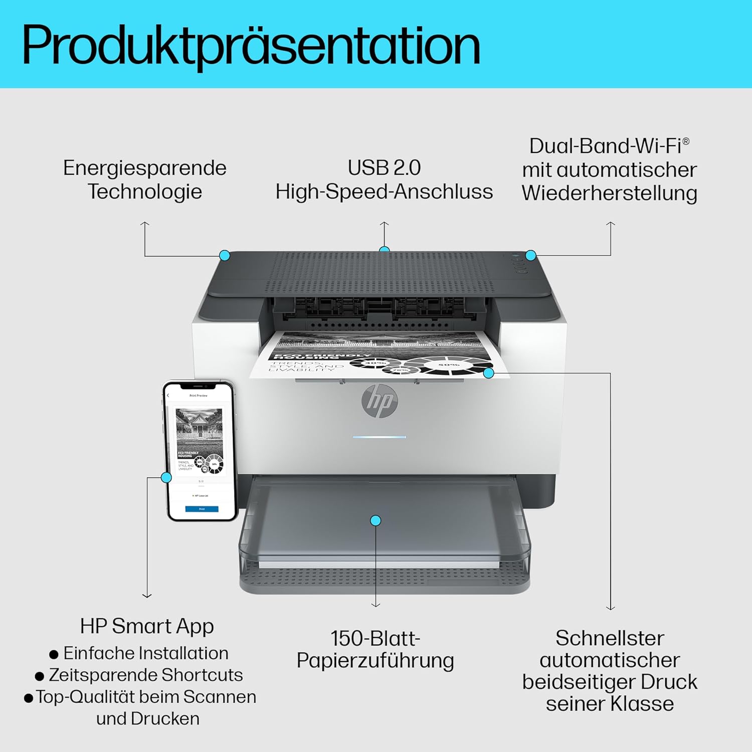 HP LaserJet M209dw Laser Printer Black and White, Double-Sided Printing, Dual-Band Wi-Fi, USB, Smart App, LED Control Panel – Bild 2