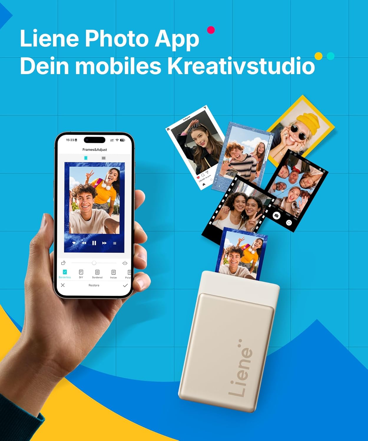 Liene Pearl N200 Pro Portable Mini Photo Printer with Dye Sublimation - Includes 10 Self Adhesive Photos (2x3") & Ribbon, Bluetooth, 300 DPI Instant Print Printer for iPhone & Android, Battery, Gold – Bild 3