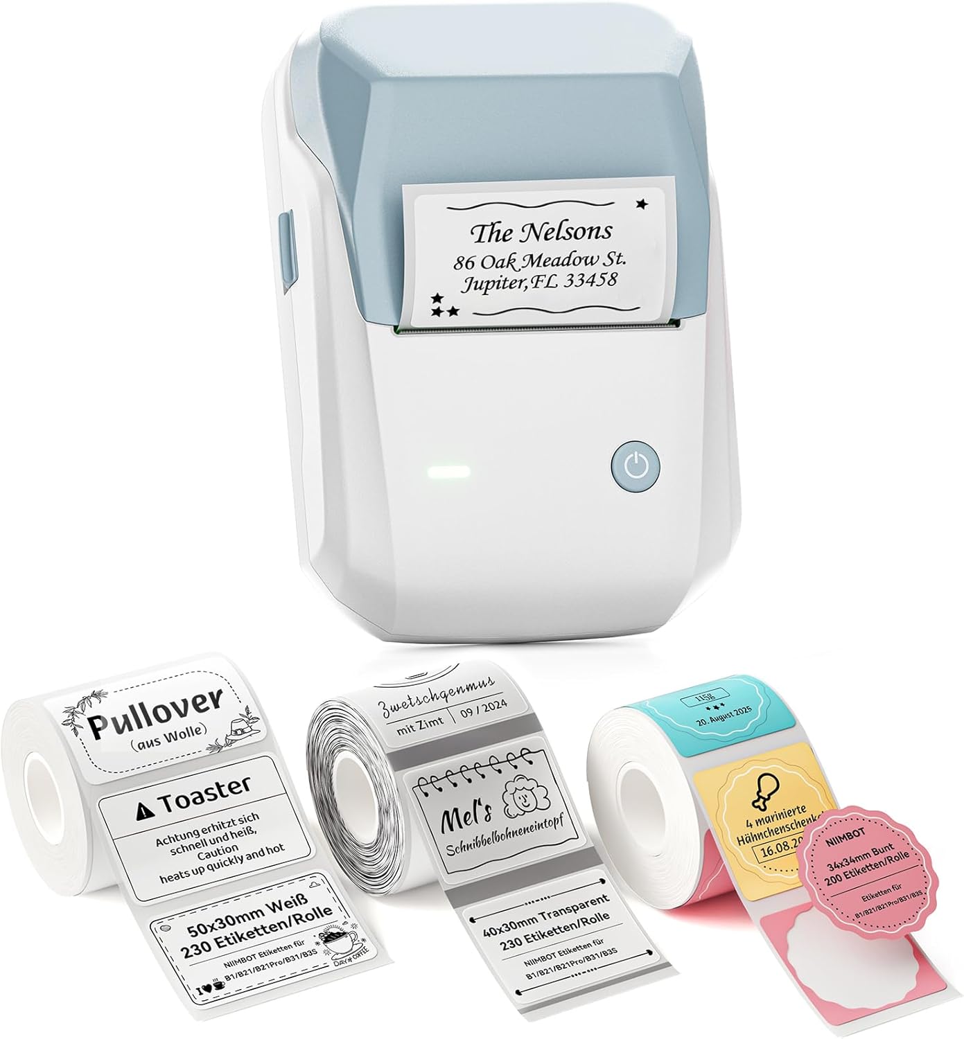 NIIMBOT B1 Label Printer with 3 Rolls Waterproof Labels Self-Adhesive Portable Label Device Bluetooth Label Printer Sticker Printer for School Supplies, Barcode, Address, Blue