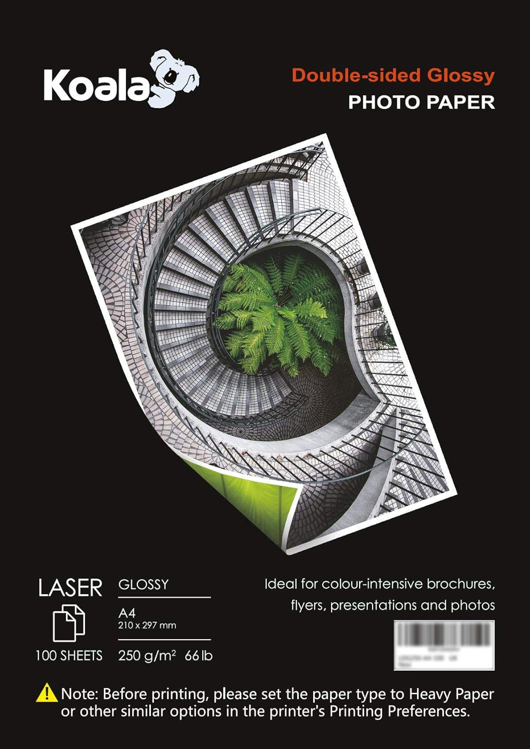 KOALA 100 Sheets A4 Double Sided Glossy Laser Photo Paper 250gsm Suitable for Printing Photos, Certificates, Brochures, Flyers, Folders, Greeting Cards, Calendars, Art