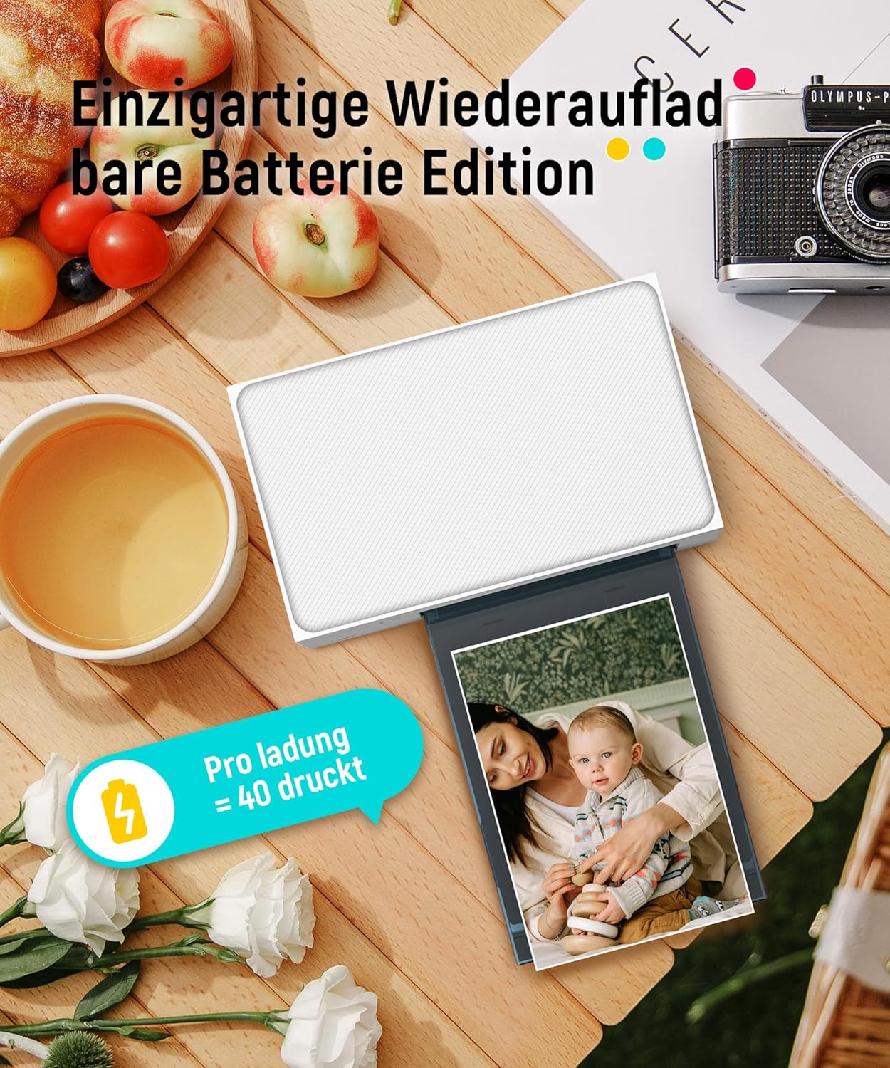 Liene Amber M200 Photo Printer Smartphone with Rechargeable Battery, WiFi, 10 x 15 cm, 20 Photo Papers and 1 Cartridge, 300 DPI Dye Sublimation Instant Image Printer, Mobile Phone Printer for Travel/Home Use – Bild 2