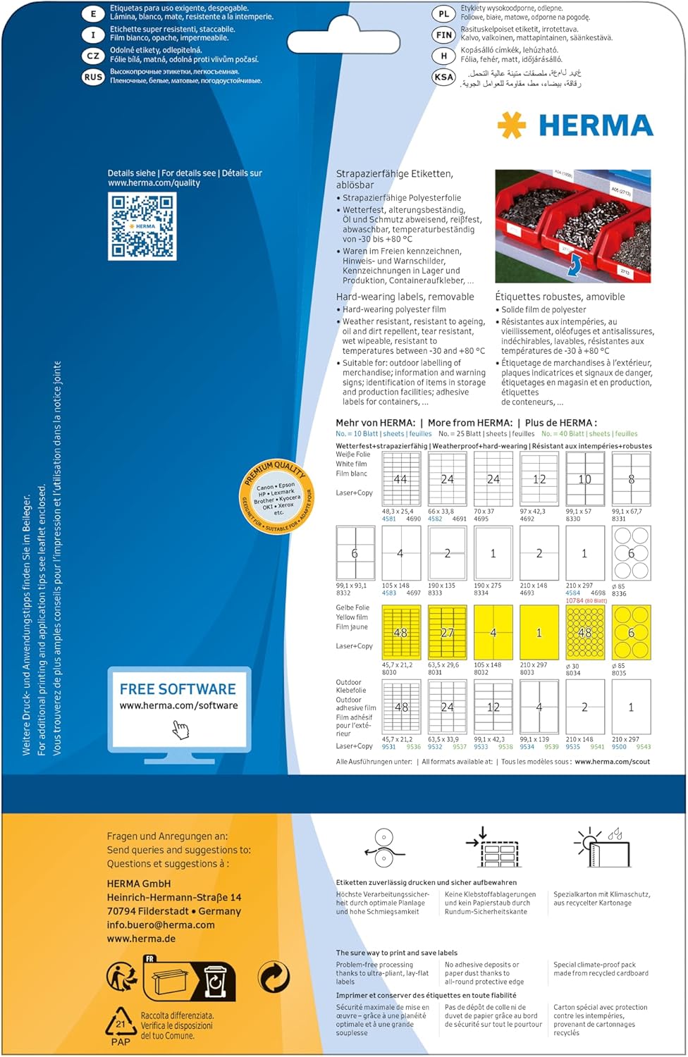 Herma cm Weatherproof Labels, Removable without Residue (66 x 33.8 mm on DIN A4 adhesive sheet – 480 Labels Matte White – PC. (Printer Gnung) – Bild 2
