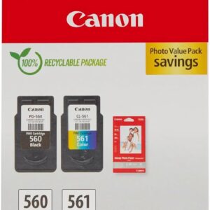 Canon PG-560 / CL-561 Genuine Ink Cartridges, Pack of 2 (1 x Black, 1 x Colour); Includes 50 sheets of 4x6 Canon Photo Paper - Cardboard Multipack