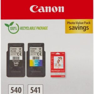 Canon PG-540 / CL-541 Genuine Ink Cartridges, Pack of 2 (1 x Black, 1 x Colour), Includes 50 sheets of 4×6 Canon Photo Paper – Cardboard Multipack