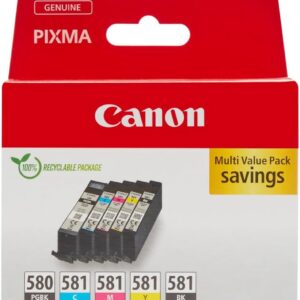 Canon PGI-580 / CLI-581 Genuine Ink Cartridges, Pack of 5 (2 x Black, Cyan, Magenta, Yellow) – Cardboard Multipack