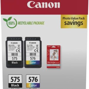 Canon PG-575 / CL-576 Genuine Ink Cartridges, Pack of 2 (1 x Black, 1 x Colour); Includes 50 sheets of 4x6 Canon Photo Paper - Cardboard Multipack