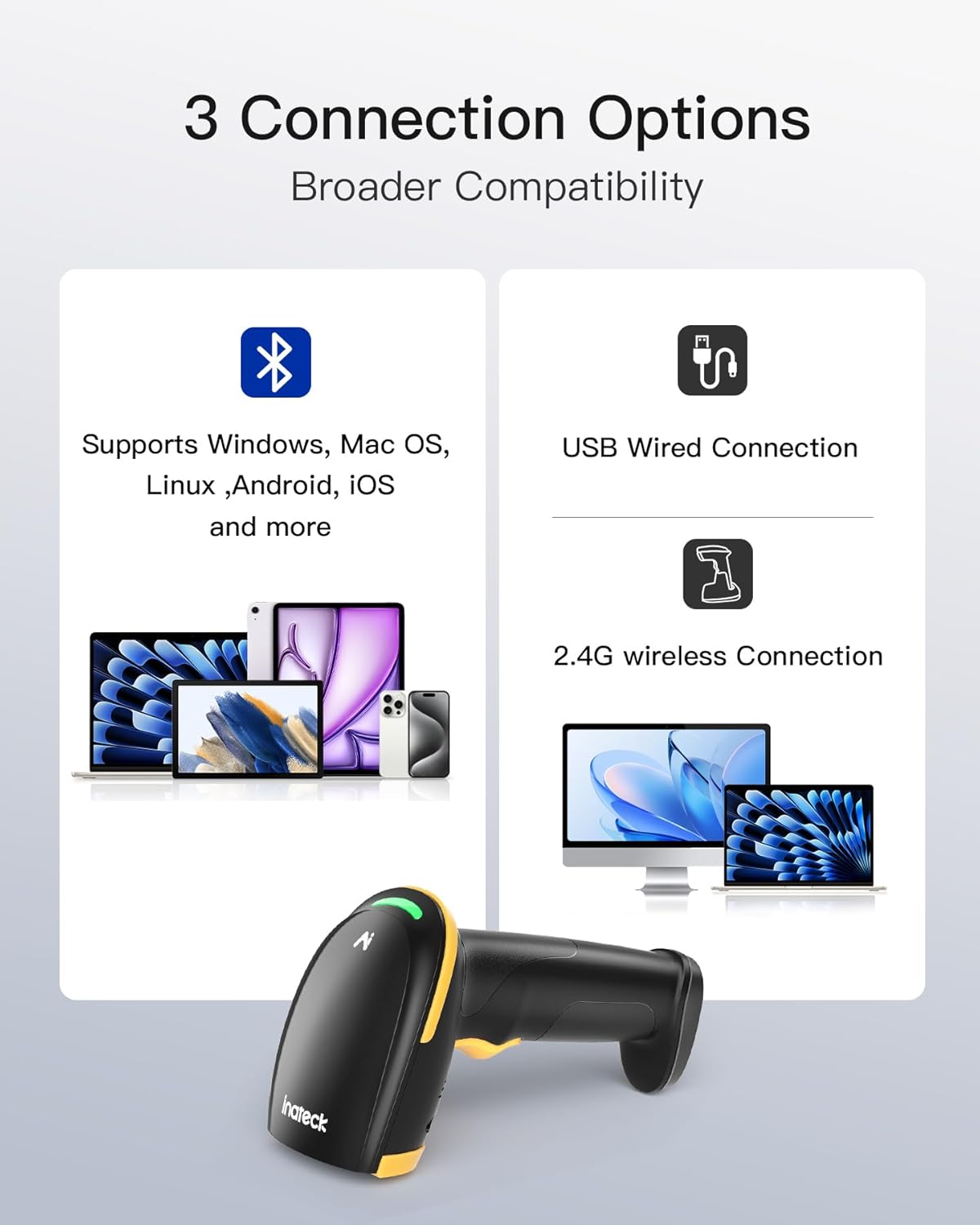Inateck Bluetooth Barcode Scanner 2D, Wireless 2D QR Code Scanner with 2600 mAh Battery and Intelligent Charging Station, Handheld Scanner Supports AI, APP, SDK, BCST-36 – Bild 4