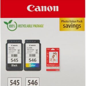 Canon PG-545 / CL-546 Genuine Ink Cartridges, Pack of 2 (1 x Black, 1 x Colour); Includes 50 sheets of 4×6 Canon Photo Paper – Cardboard Multipack