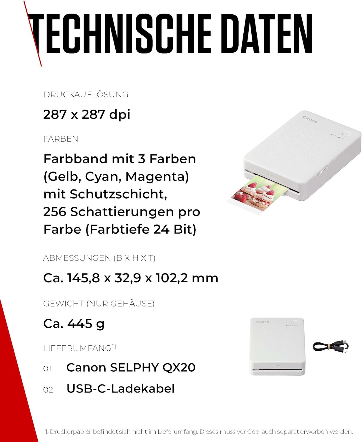 Canon SELPHY QX20 Mobile Photo Printer - Print Directly from Smartphone via Wi-Fi. Dye Sublimation Printing, 2 Sizes Sticker Paper and Charging via USB-C - White (Without Colour/Paper) – Bild 6