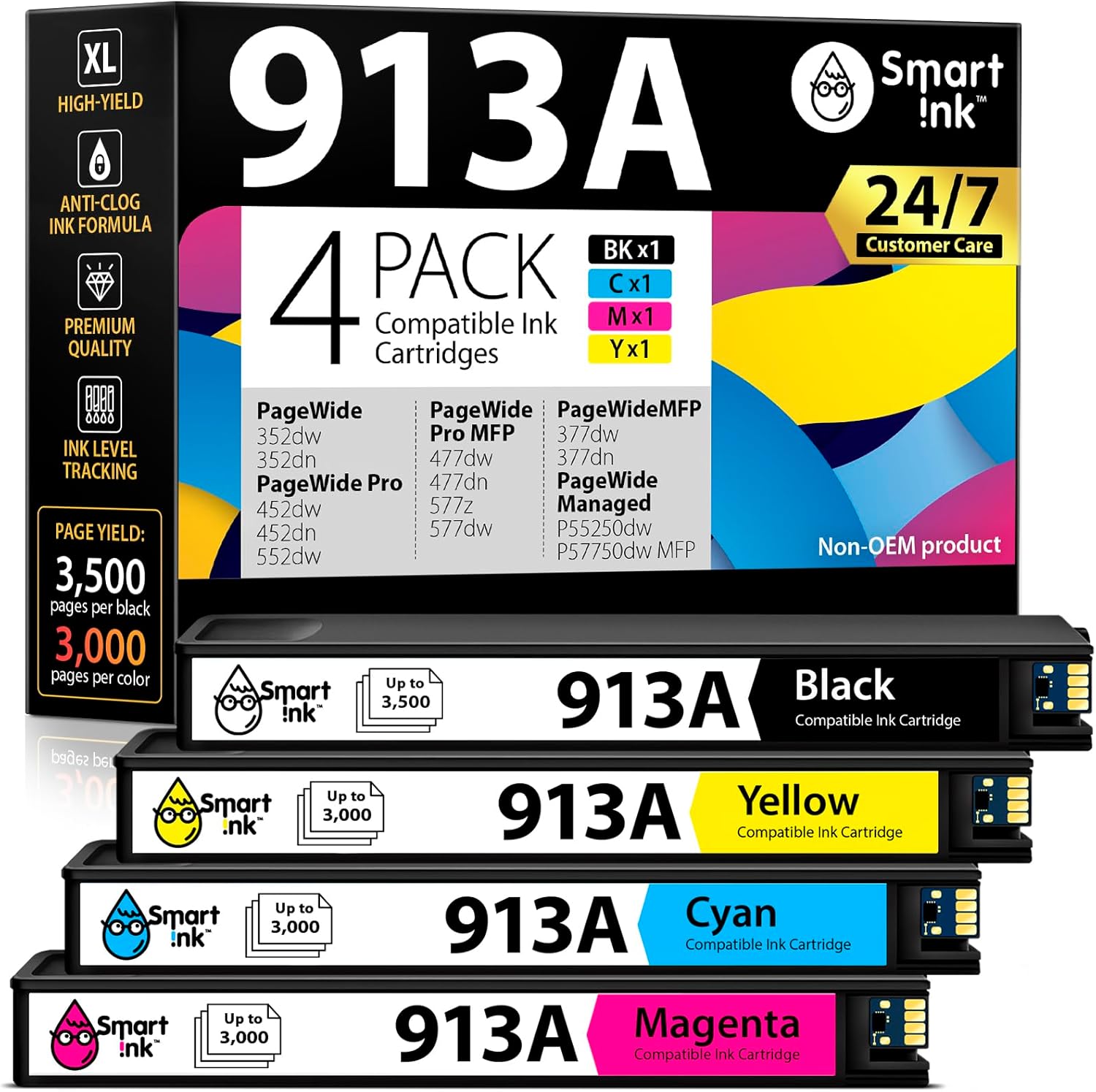 Smart Ink Compatible Printer Cartridges Compatible with HP 913A 913 A 4 Multipack (Black, Blue, Red, Yellow) Compatible with PageWide 377dw 477dw 352dw 577dw 452dw 477dn 452dn 577z 552dw P55250dw Printers