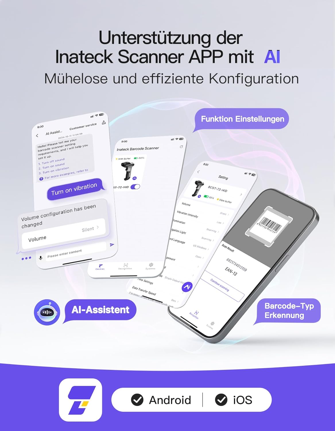 Inateck Barcode Scanner 2D Bluetooth, Wireless QR Code Scanner, Wireless Handheld Scanner with AI App & SDK, 1 Charge 180 Days Standby, Automatic Fast and Precise Scanning, BCST-72 – Bild 8