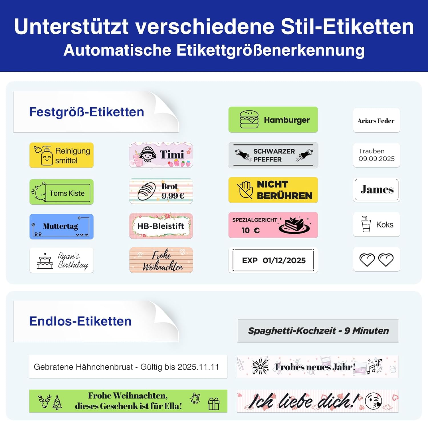 SUPVAN E11 Label Printer, German Layout (QWERTZ) Keyboard, with 2 Rolls of Continuous and 2 Rolls of Fixed Size Labels, Suitable for School, Office & Home, Black – Bild 4