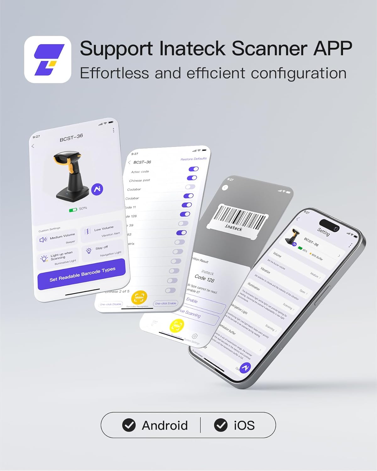 Inateck Bluetooth Barcode Scanner 2D, Wireless 2D QR Code Scanner with 2600 mAh Battery and Intelligent Charging Station, Handheld Scanner Supports AI, APP, SDK, BCST-36 – Bild 7