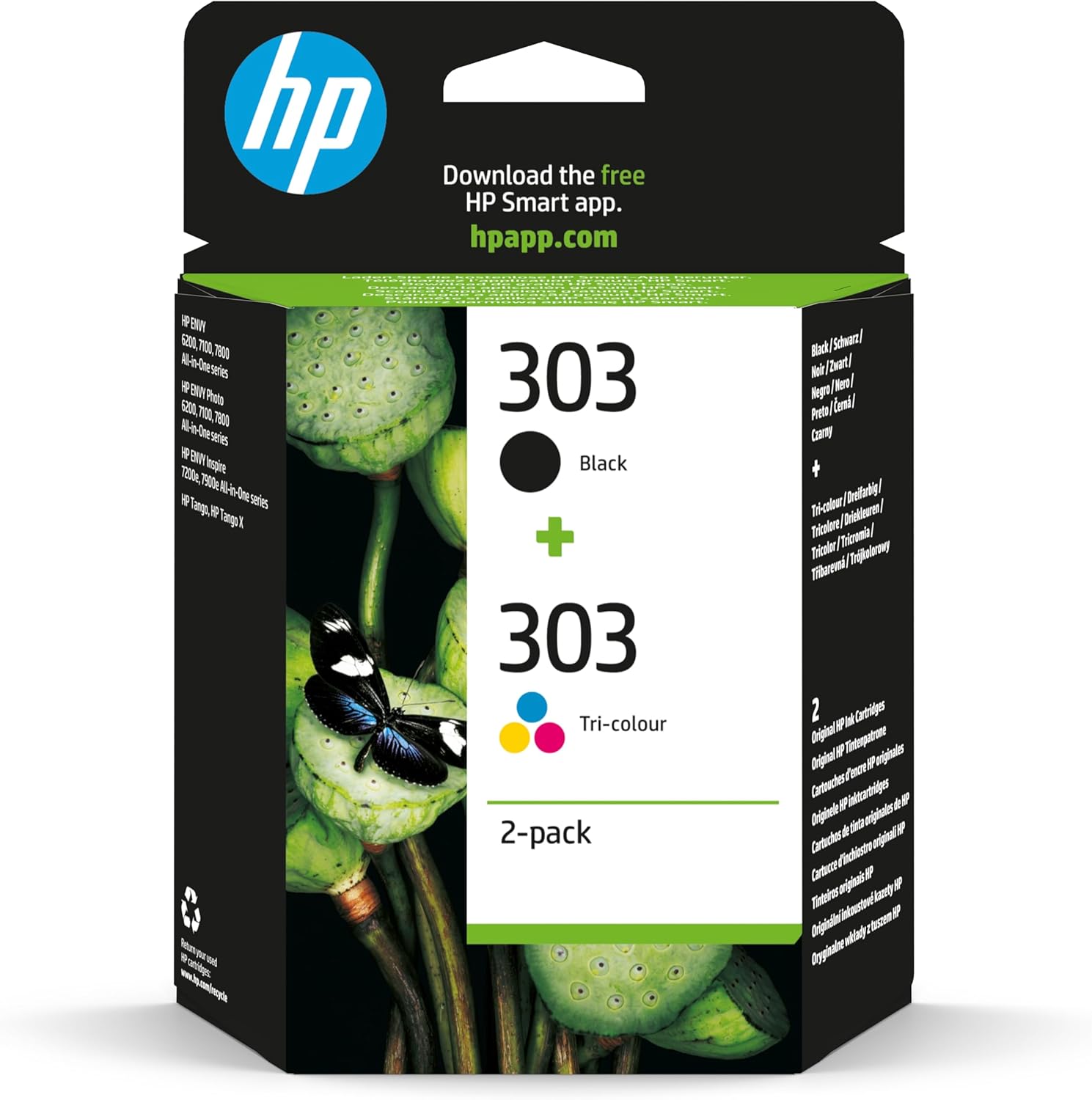 HP 303 (3YM92AE) 2x Original Printer Cartridges (1 Pack) for HP ENVY 6200, 7100, 7134, 7220e, 7221e, 7224e, 7800, 7900e Tango Printer, Black – 1x 200 Pages, Tri-Colour – 1x 165 Pages