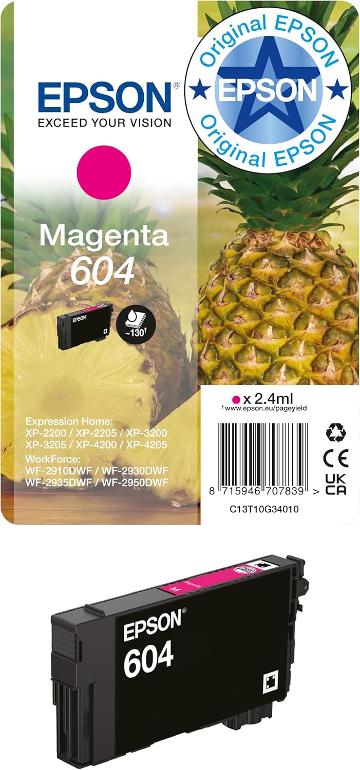 Epson Original 604 Ink Pineapple Single Pack Magenta Standard, XP-2200 XP-2205 XP-3200 XP-4205 WF2910DWF WF2930DWF WF2950DWF, ReadyPrint Flex Ink Tariffs